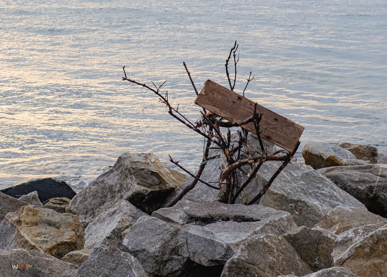 Pier driftwood, artist unknown, Dún Laoghaire from 2020. The pier flotsam sculpture appeared one winter morning. It was there for months, despite the apparent fragility. Who knows why? And why not?